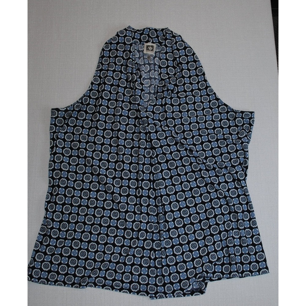 Anne Klein Blouse Womens Large Blue Geometric Floral Sleeveless V-Neck Excellent